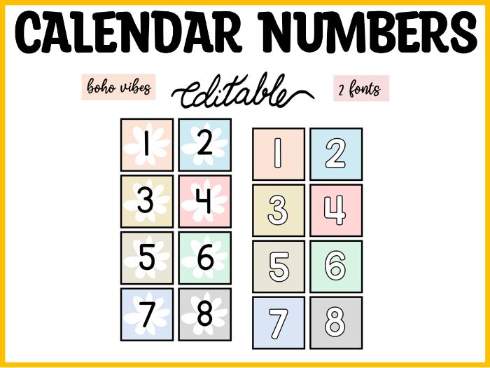 Printable Calendar Numbers, Boho Number Labels, Number Spots, Number Tags