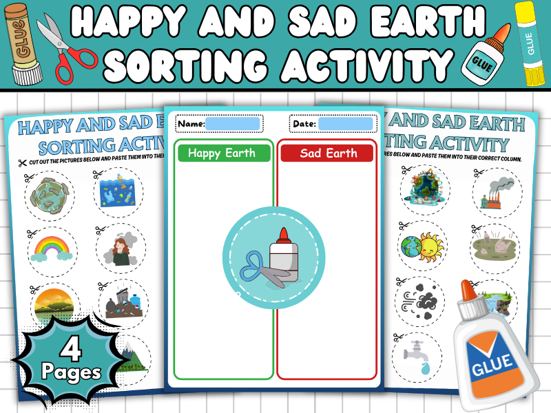 Happy and Sad Earth Sorting Activity-Reduce Reuse Recycle Worksheets | Earth Day Sorting Cut & Paste