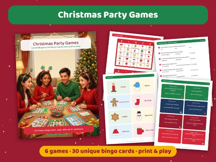 Christmas Party Games: 30 Bingo Cards, Quiz, Who Am I, Would You Rather