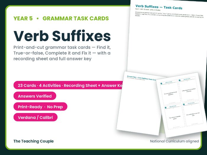 Year 5 Verb Suffixes Task Cards – 23 Grammar Cards + Answer Key