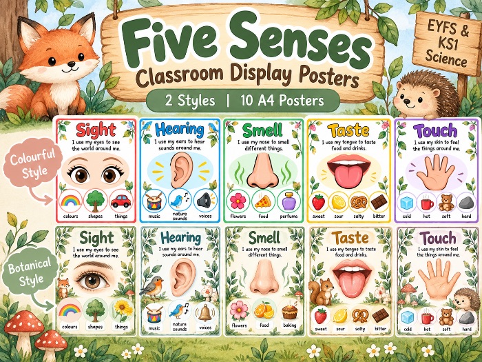 Five Senses Classroom Display Posters | 2 Styles | EYFS & KS1 Science | 10 A4 Posters