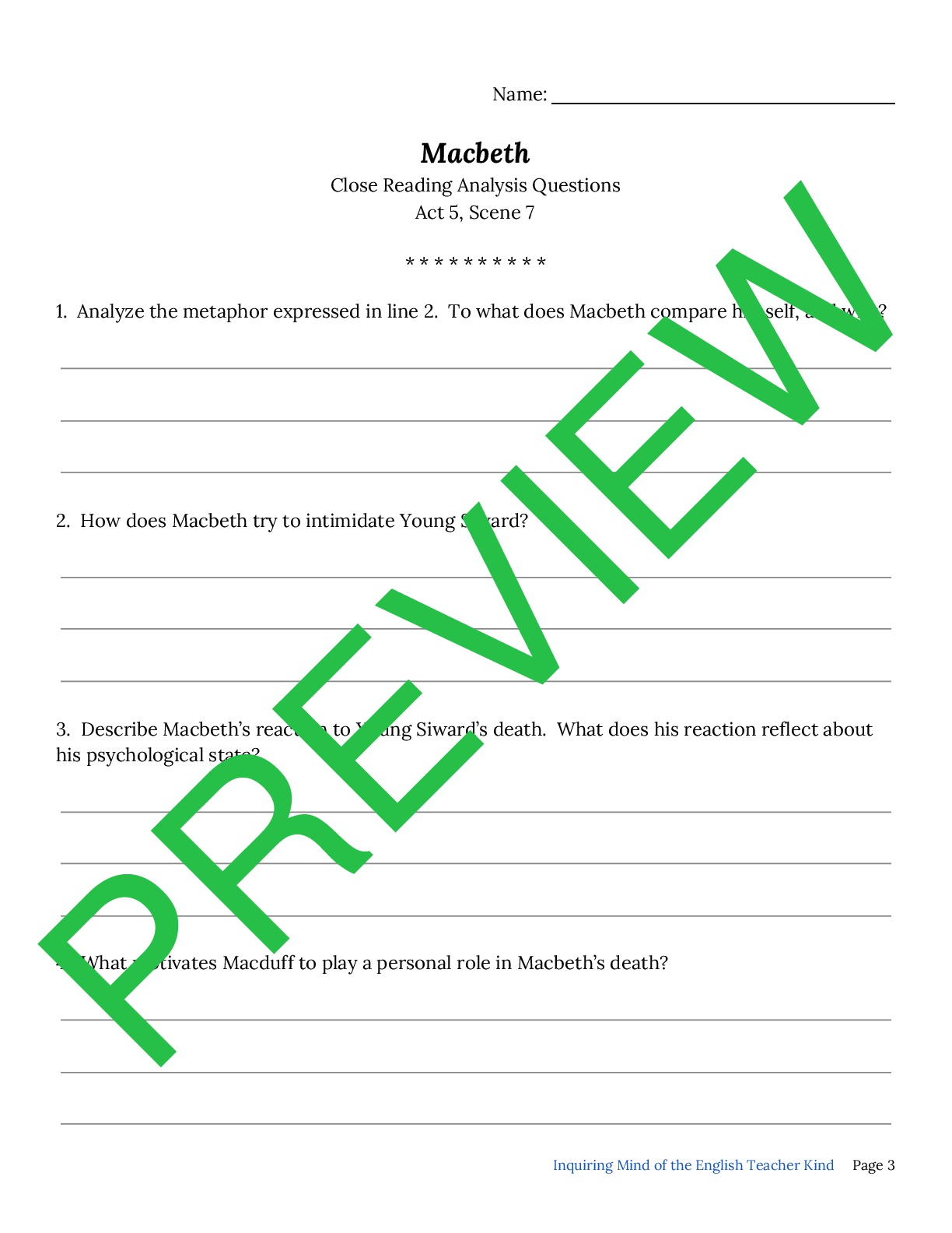 Macbeth Close Reading Worksheet - Act 5, Scene 7 | Teaching Resources