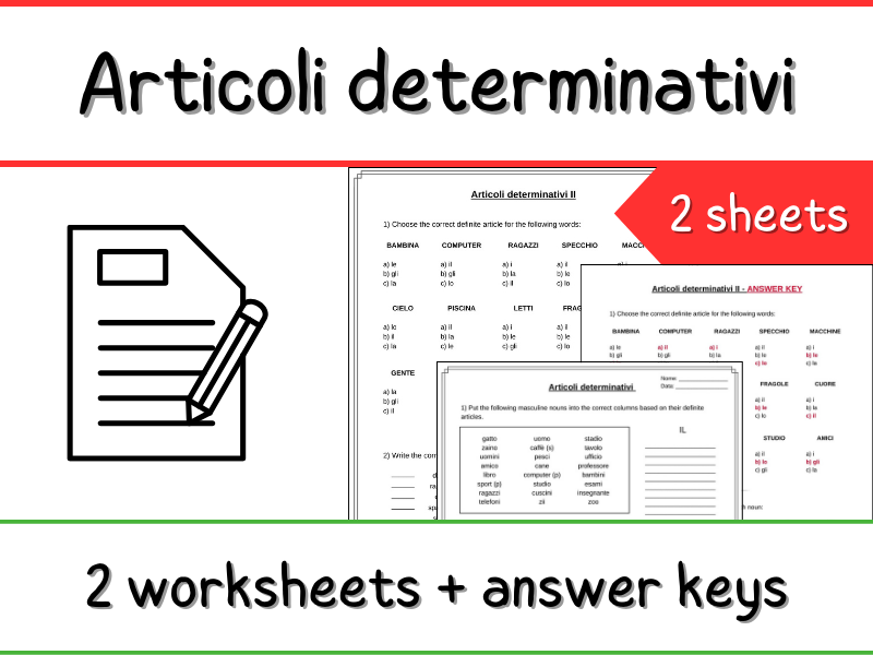 Italian Definite Articles Grammar Worksheets - Articoli determinativi