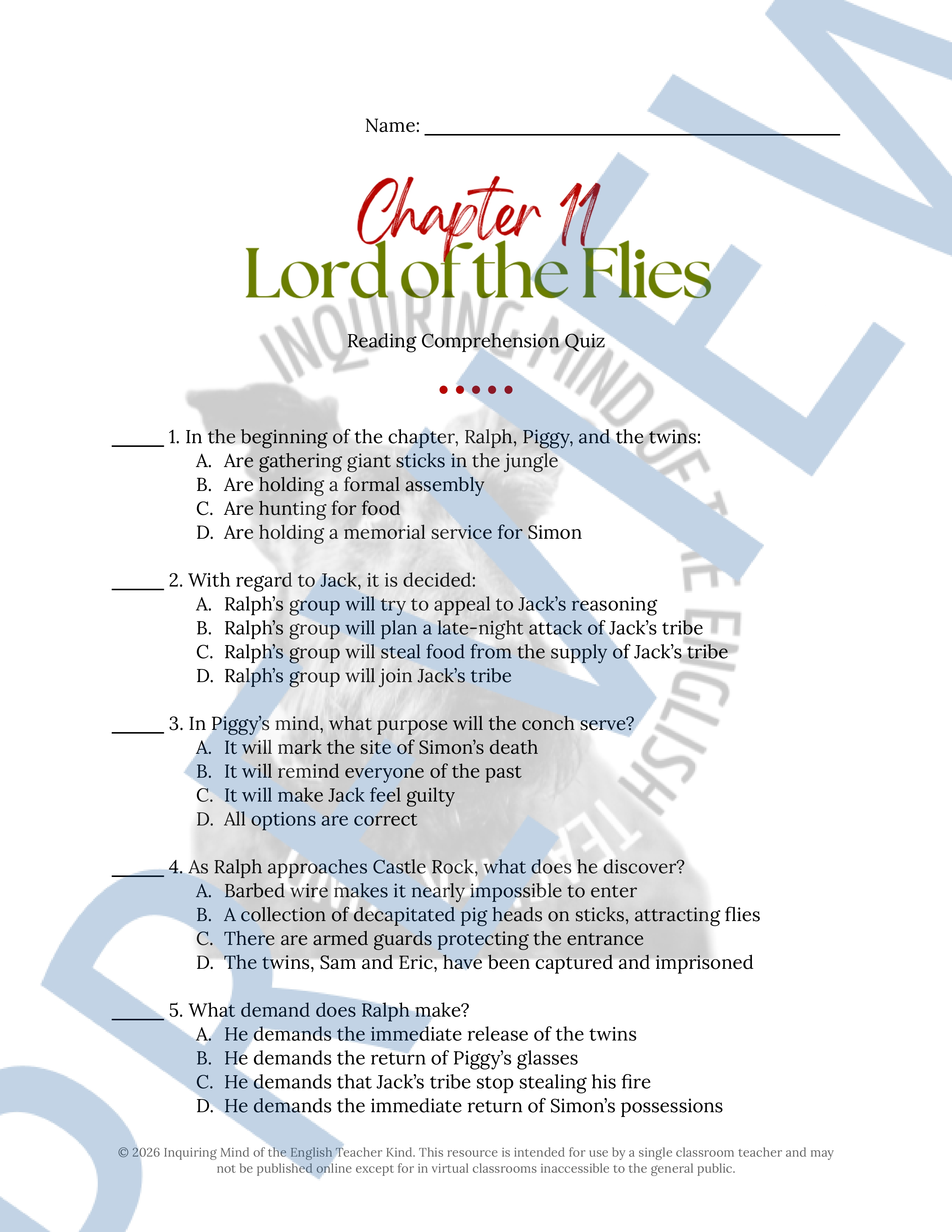 Lord of the Flies Chapter 11 Quiz and Answer Key | Guided Reading ...