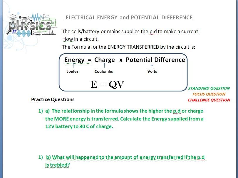 GCSE Electricity - Energy, potential difference and charge