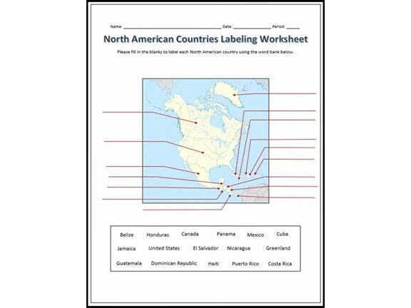 North American Countries Labeling Worksheet - Geography