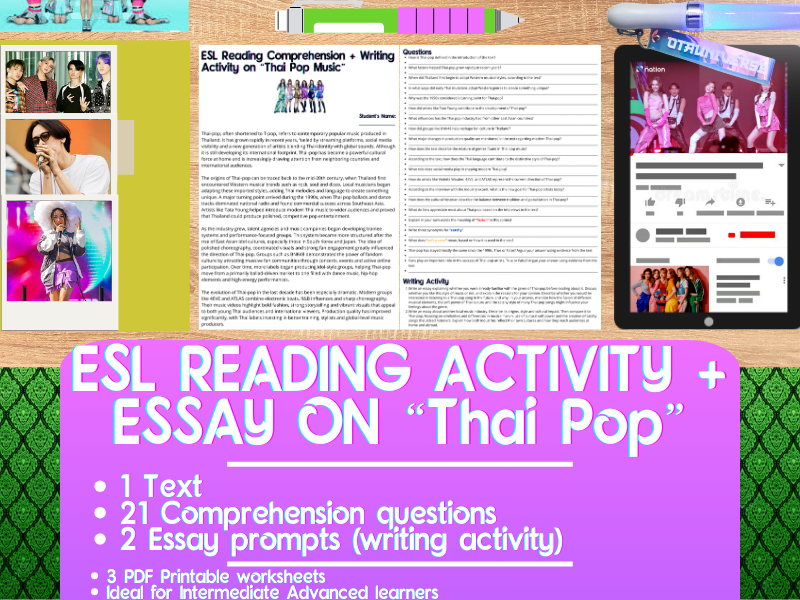 ESL Reading Comprehension + Writing Activity Worksheets - Thai Pop Music