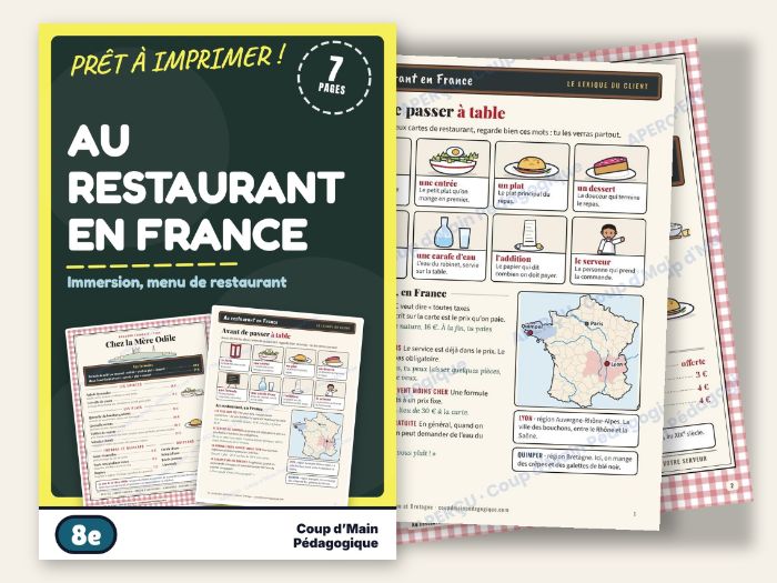 French Immersion Grade 8 Restaurant Menu Reading | Au restaurant en France
