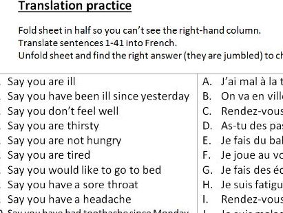 French GCSE translation and role play practice worksheet