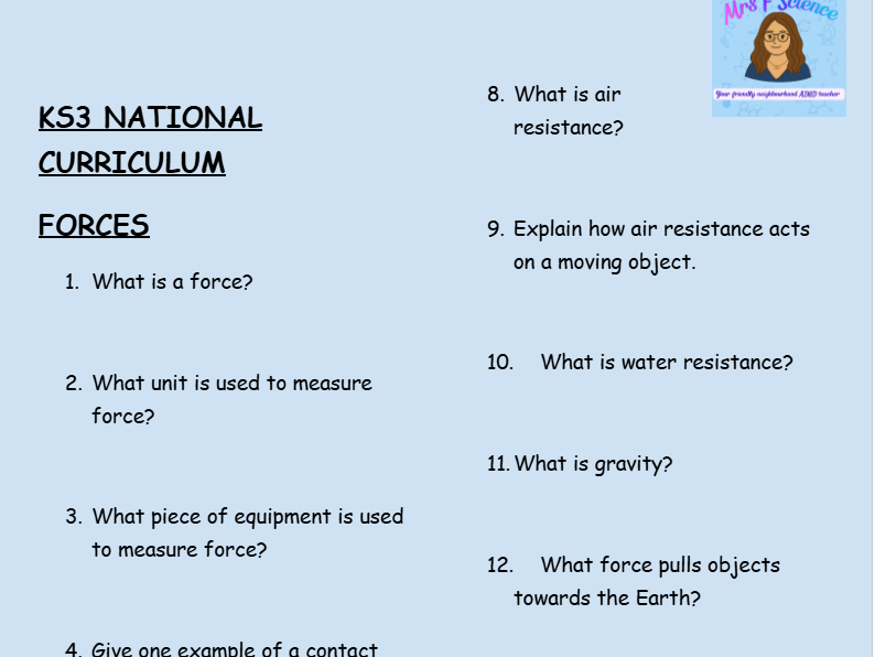 KS3 Physics: Forces – 30 Question Retrieval Worksheet PDF WORKSHEET
