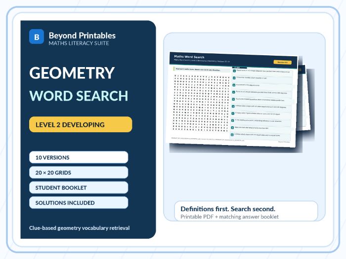 Geometry Level 2 Maths Word Search | 10 Printable Vocabulary Puzzles with Solutions