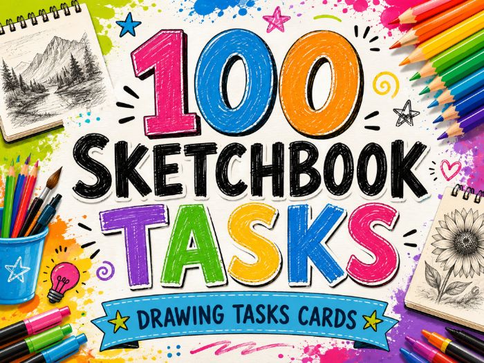 100 Sketchbook Tasks – Drawing Task Cards | KS3 & KS4 Art Sketchbook Prompts | Cover Work, Homework