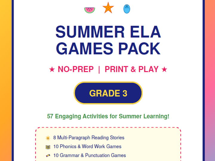 3rd Grade Summer ELA Games Pack | No-Prep Printables