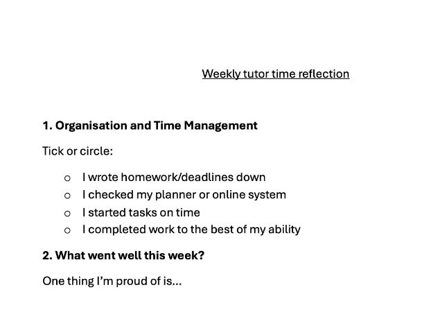 Weekly Tutor Time Reflection - Organisation & Wellbeing (KS3–KS5) FREE