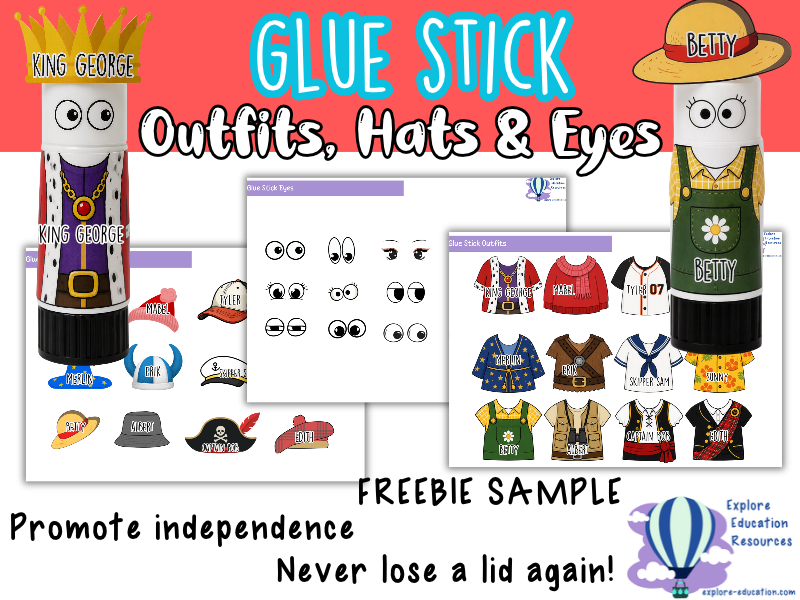 Glue Stick Characters FREEBIE | Stop Lost Glue Stick Lids! | 12 Hats, 12 Outfits & 12 Eyes