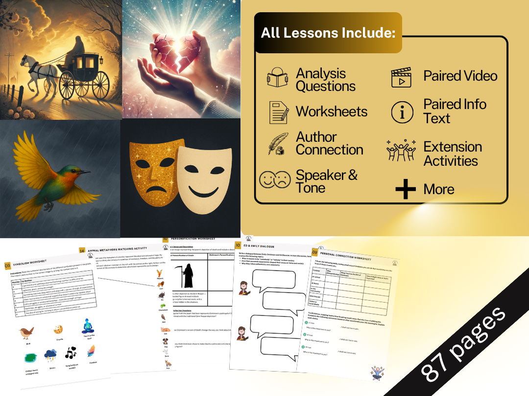 Emily Dickinson Poetry Bundle - 4 Poems -No Prep, Worksheets, Videos, Assessment