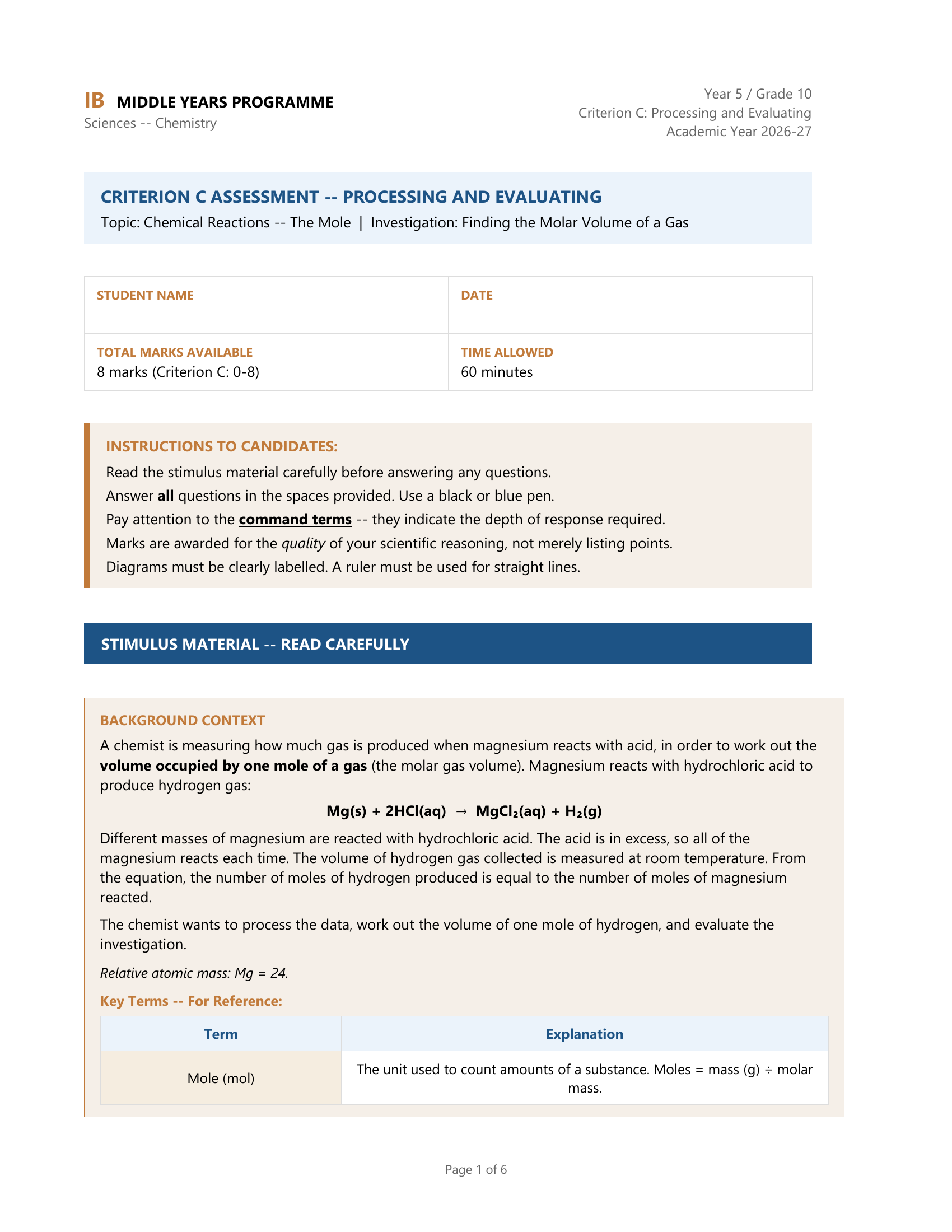 Criterion Task Testing MYP Grade 10 Chemistry: 3 Criterion C Assessment Tasks - Stoichiometry ...