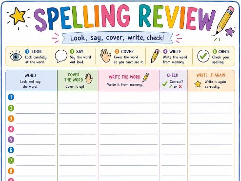 Spelling Review Worksheet | KS2 Spelling Practice | Look, Say, Cover, Write, Check
