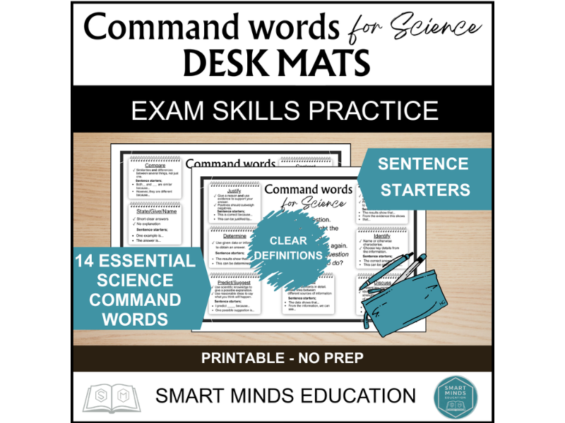 COMMAND WORDS DESK MATS | 14 SCIENCE COMMAND WORDS | SCIENCE EXAM SKILLS PRACTICE