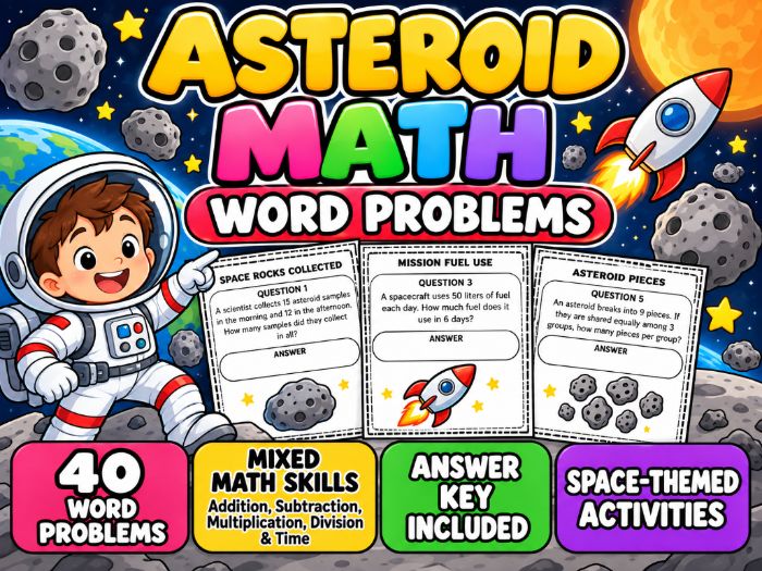 Asteroid Math Word Problems | Space-Themed Math Worksheets | 40 Problems