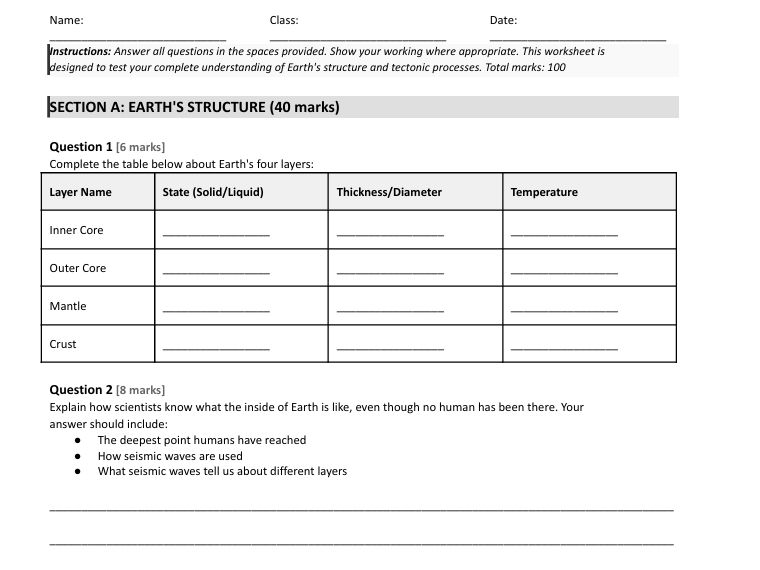 Inside Earth - KS3 Geography Worksheet (100 marks)