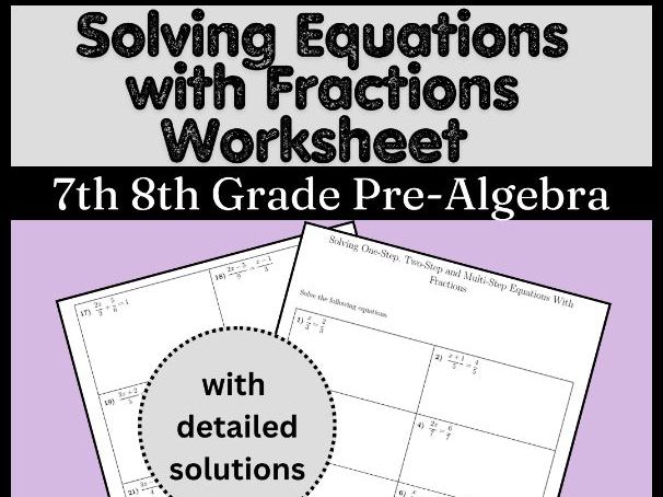Solving Equations with Fractions Worksheet | 7th 8th Grade Pre-Algebra