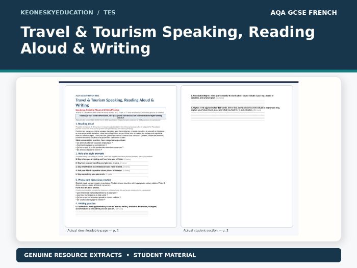 AQA GCSE French 8652 - Travel & Tourism Speaking, Reading Aloud & Writing