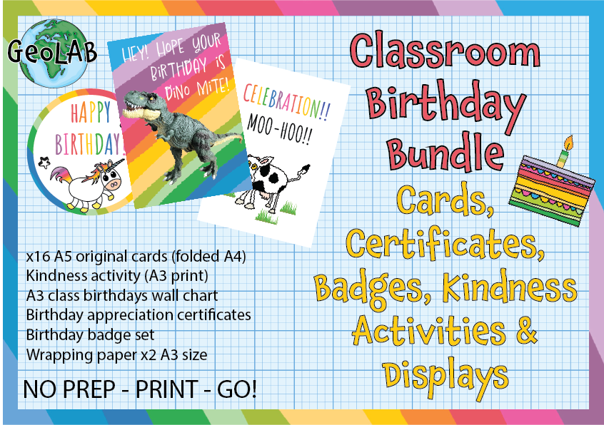 Classroom Birthday Bundle | Cards, Certificates, Badges, Kindness Activities & Displays