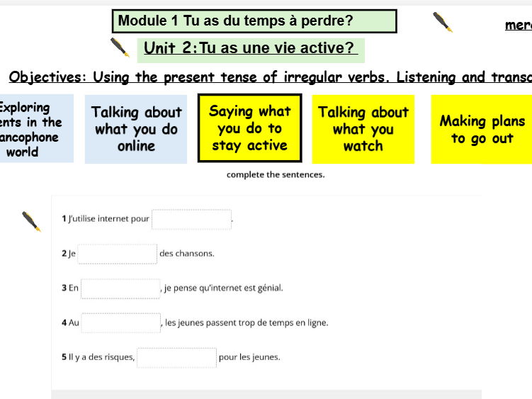 New French AQA Higher GCSE Module 1 Tu as du temps à perdre Unit 2 Tu as une vie active?