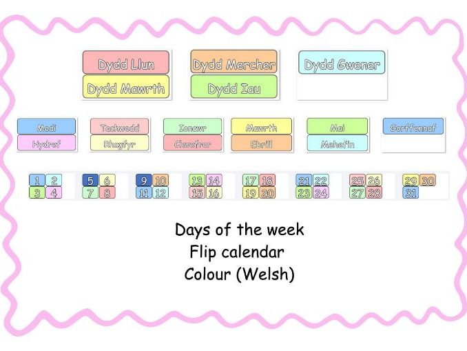 Days of the week flip calendar - Colours Welsh Edition