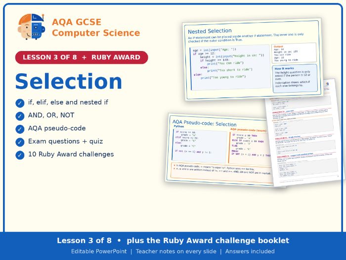 AQA GCSE Computer Science 3.2 Python Selection (if) Lesson