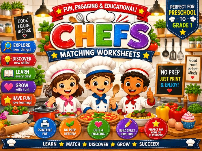 Chef Matching Worksheets | Cooking & Kitchen Activities | Preschool–1st Grade