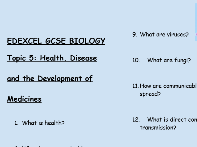 Edexcel GCSE Biology Topic 5: Health, Disease and  Medicines – 30 Question Retrieval with answers