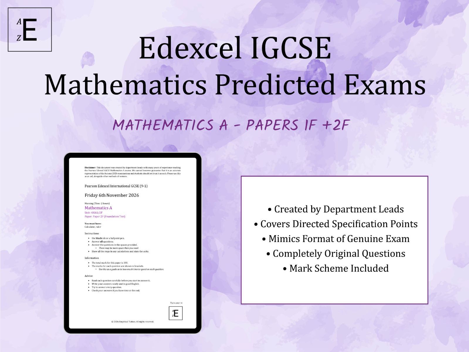 Autumn 2026 IGCSE Maths Predicted Exams - Papers 1F and 2F (Foundation Tier)