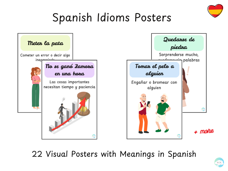 Spanish Idioms Posters – 22 Visual Posters with Meanings in Spanish