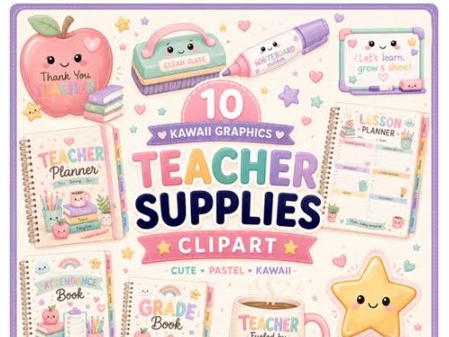 Teacher Supplies Clipart | 10 Kawaii Pastel Teacher & Classroom Graphics