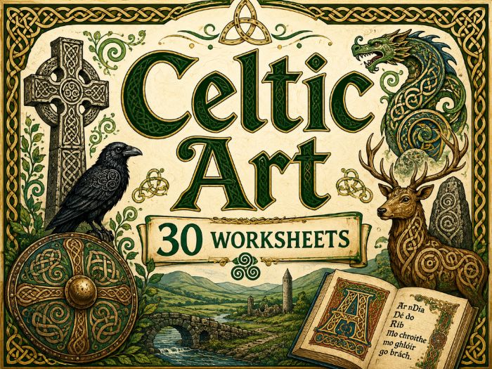 Celtic Art | 30 Art Worksheets | KS2 KS3 Art & Design Cover Lessons | Celtic Knots, Crosses, Illumin
