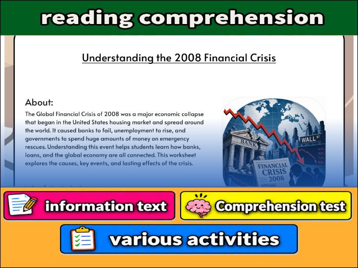 Understanding the 2008 Financial Crisis - reading  Comprehension & Activities
