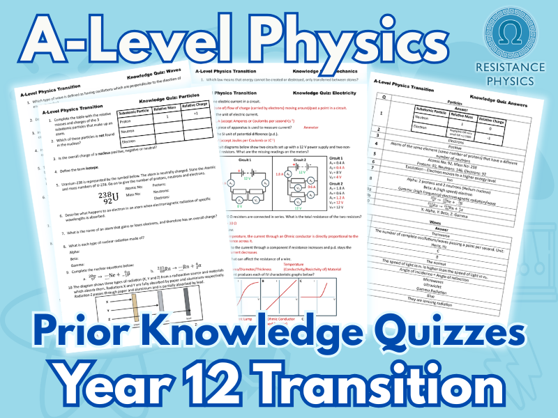 A-Level Physics Transition - Prior Knowledge Quiz Pack for New Year 12 Students