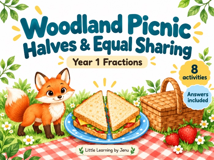Year 1 Halves Worksheets | Equal Parts & Sharing | Woodland Picnic Fractions Activities