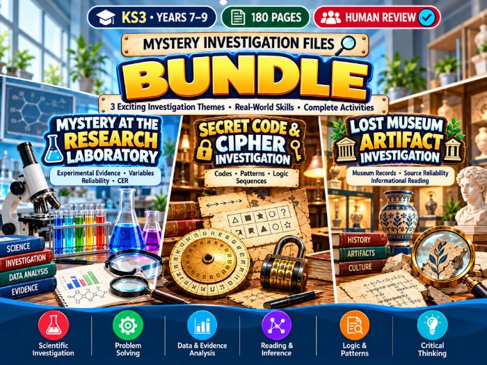 KS3 Mystery Investigation Files Bundle Science, Codes & Reading Years 7–9 180 Pages
