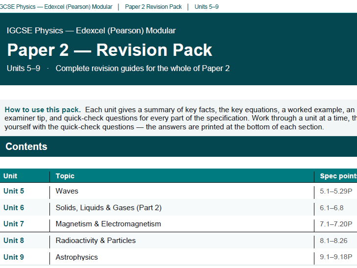 IGCSE Physics Revision Guide | Paper 2 (Units 5–9) | Edexcel Modular | Year 11