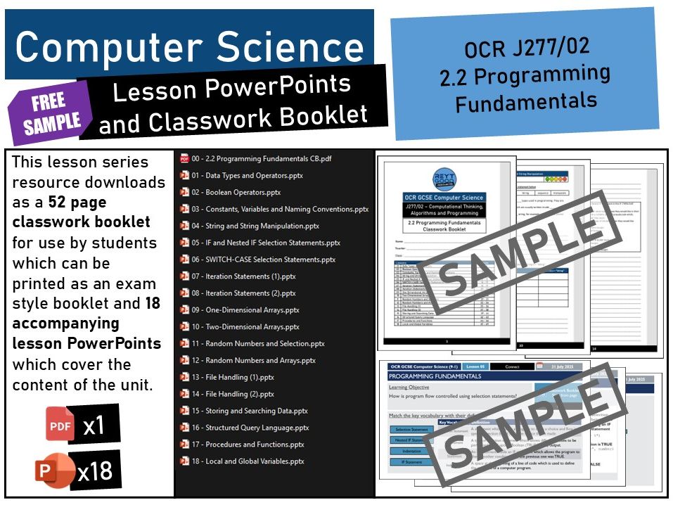 OCR GCSE Computer Science (J277) 2.2 Programming Fundamentals Lesson PowerPoints and Class Booklet.