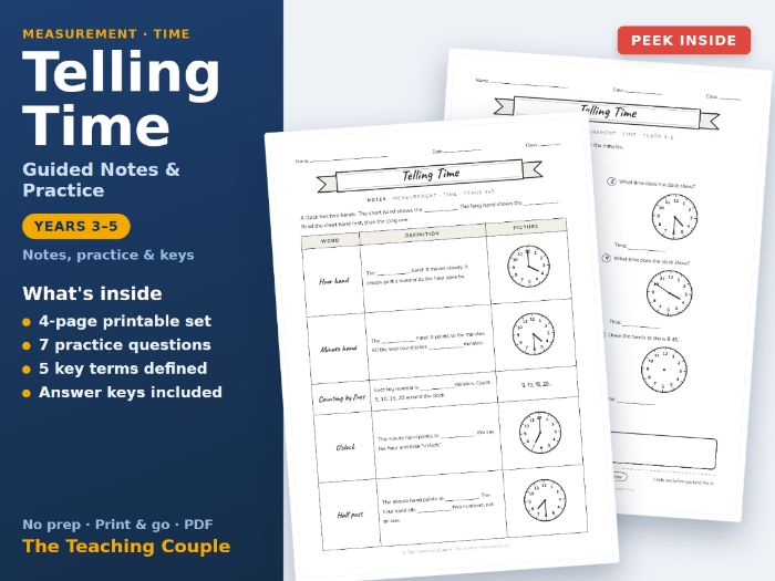 Telling Time Sketch Notes & Practice + Answer Keys | Years 3-5