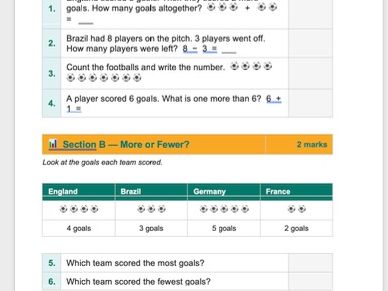 Year 1 World Cup Maths Worksheet and answers
