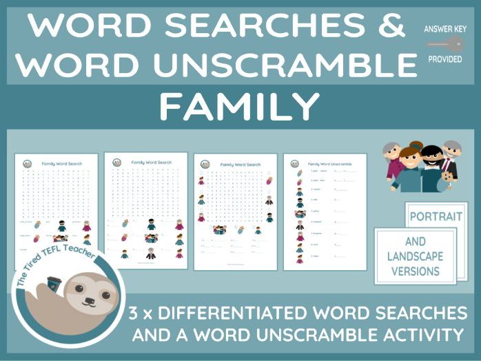 ESL Family Members Differentiated Word Searches and Word Unscramble