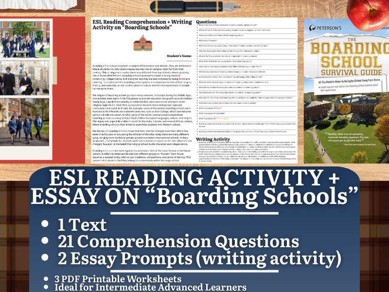 ESL Reading Comprehension + Writing Activity Worksheets on Boarding Schools