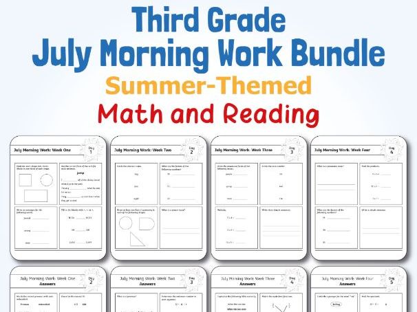 Summer-Themed | Third Grade July Morning Work Bundle | Reading and Math