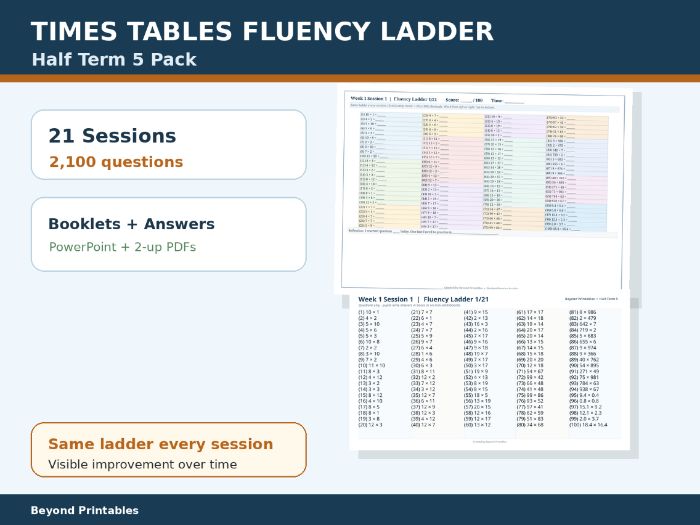 Times Tables Fluency Ladder Half Term 5 | Multiplication Fluency | KS2 KS3 | Booklets, Slides & Answ
