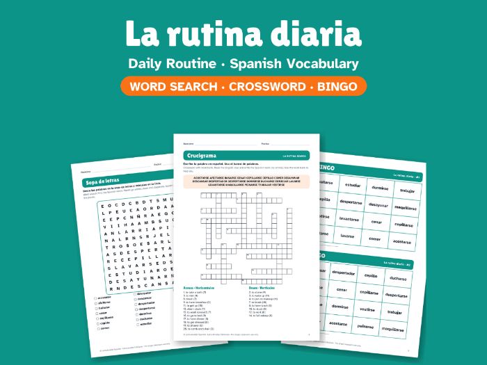 Daily Routine in Spanish: Word Search, Crossword & Bingo
